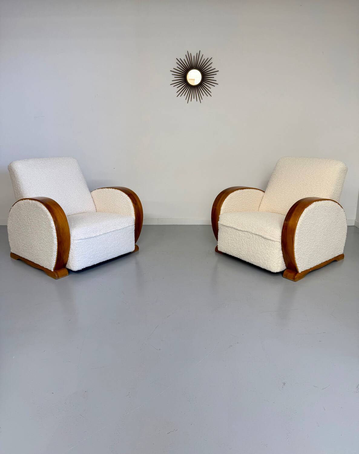 2 antique Art Deco club chairs from the 1930s, bentwood frame, bouclé fabric