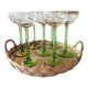 Lot of 7 champagne glasses from the 1970s and a vintage wicker and glass tray.