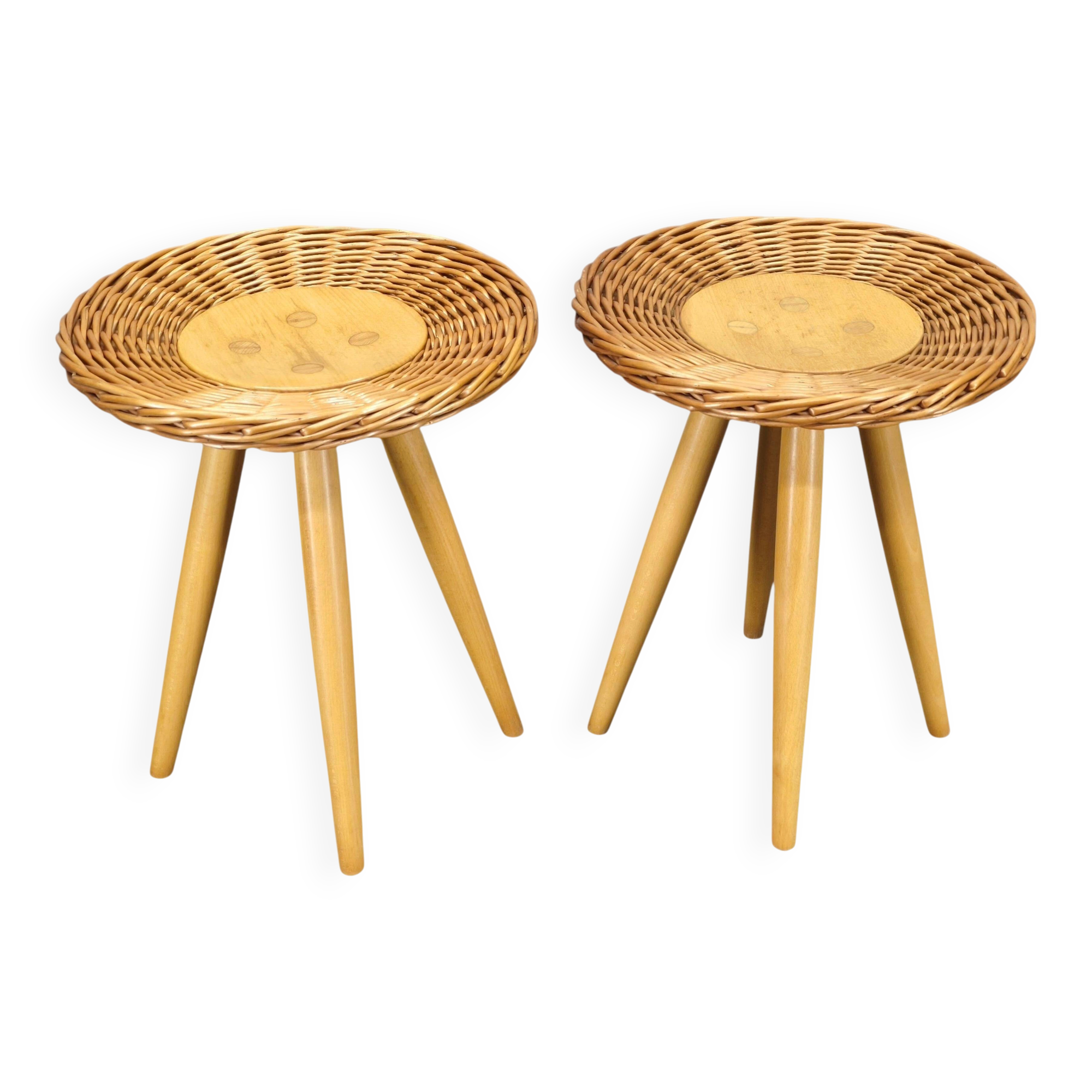 Pair of uluv rattan side tables by jan kalous, 1970s