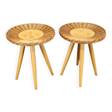 Pair of uluv rattan side tables by jan kalous, 1970s
