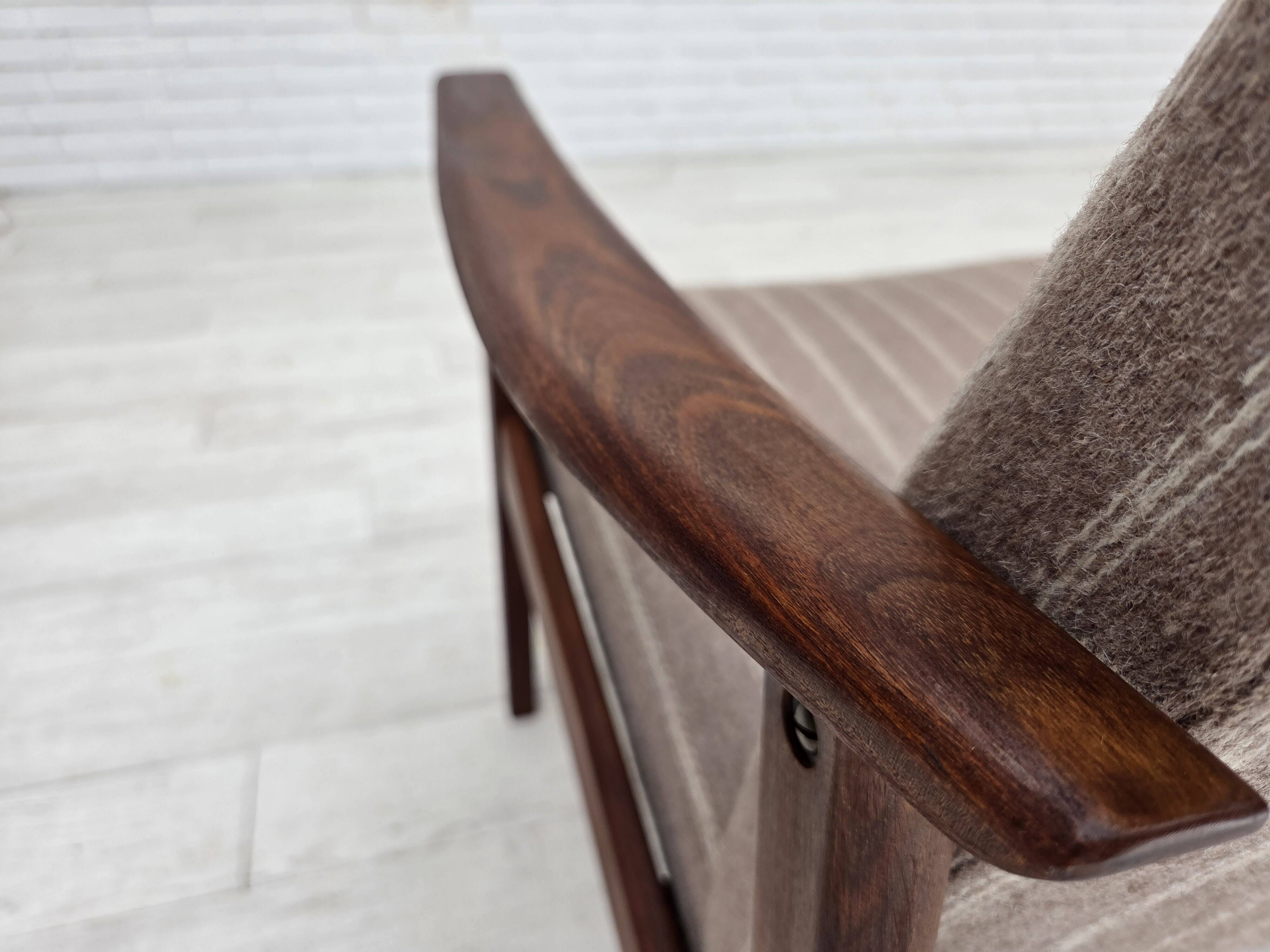 1970s, Danish highback armchair, furniture wool, teak wood, original.