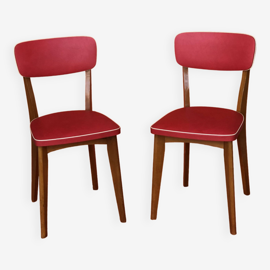 Paire de chaises vintage 1970 skai rouge liseret blanc | Selency