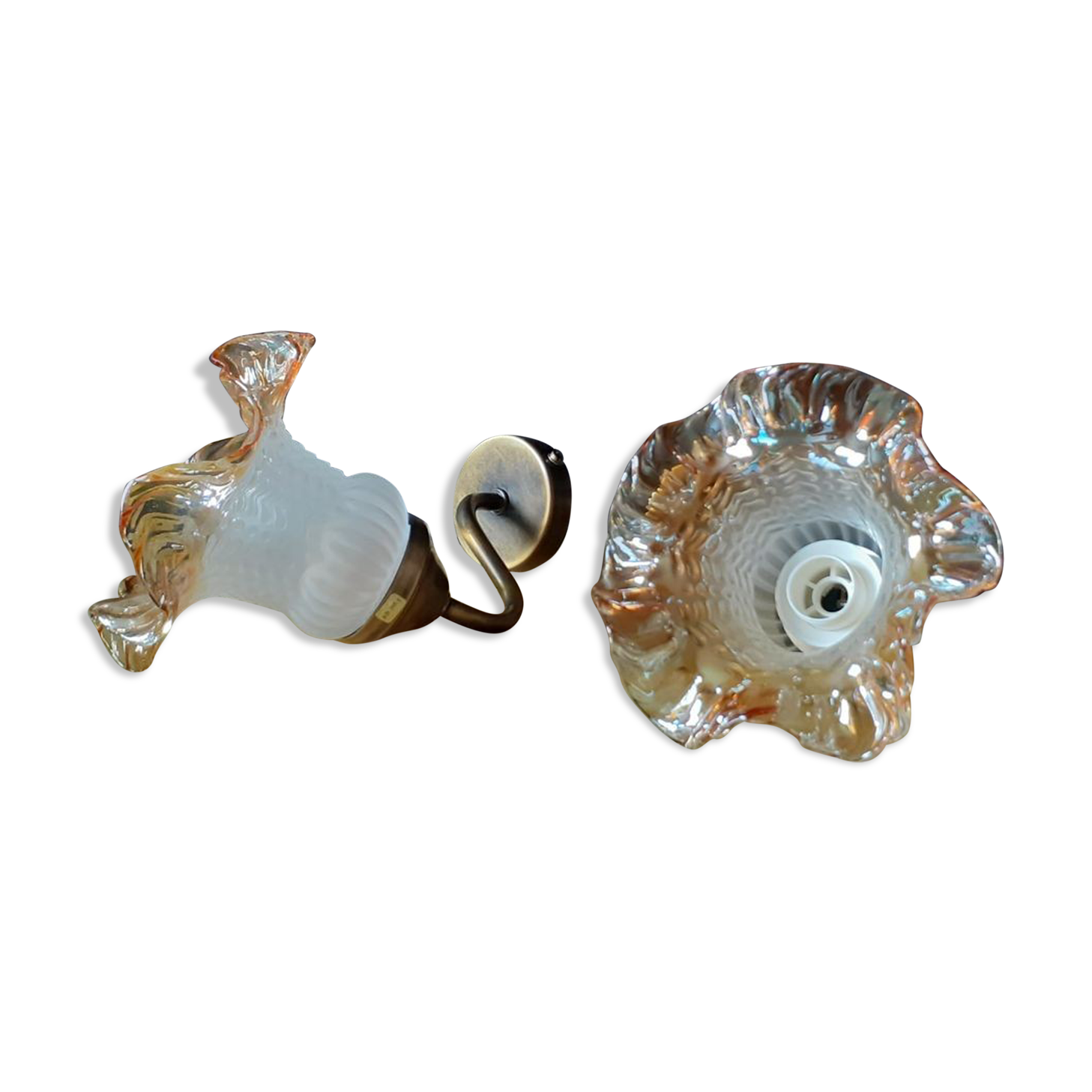Paire d'appliques tulipe en verre de Murano orange col de cygne en laiton - Parfait état