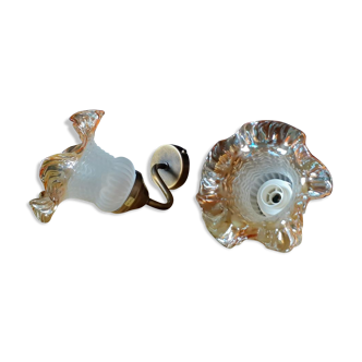 Old Pair of Tulip Appliques in Orange Murano Glass, Brass Gooseneck - Perfect condition