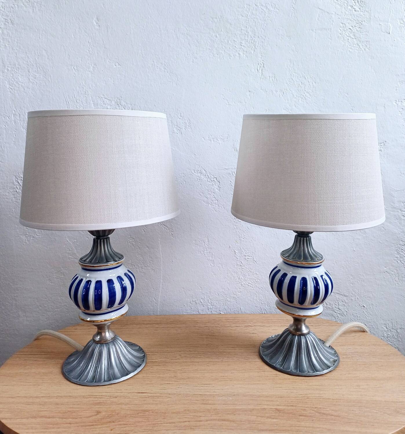 Pair of French Vintage Nightstand Lamps – Hand-Painted Porcelain & Pewter
