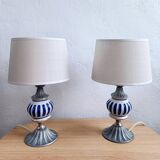Pair of French Vintage Nightstand Lamps – Hand-Painted Porcelain & Pewter