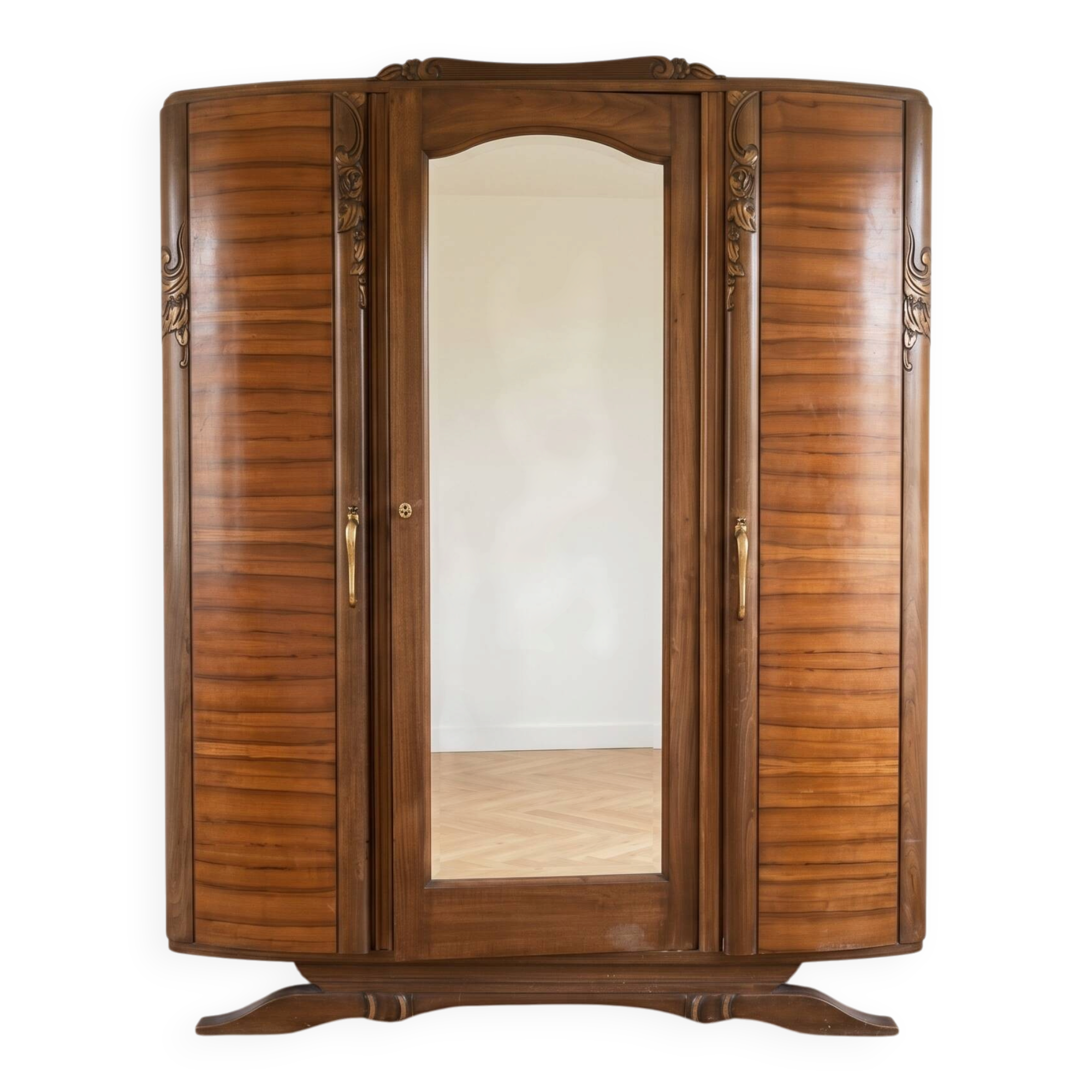 Antique 3-door Art Deco wardrobe in solid wood with mirror