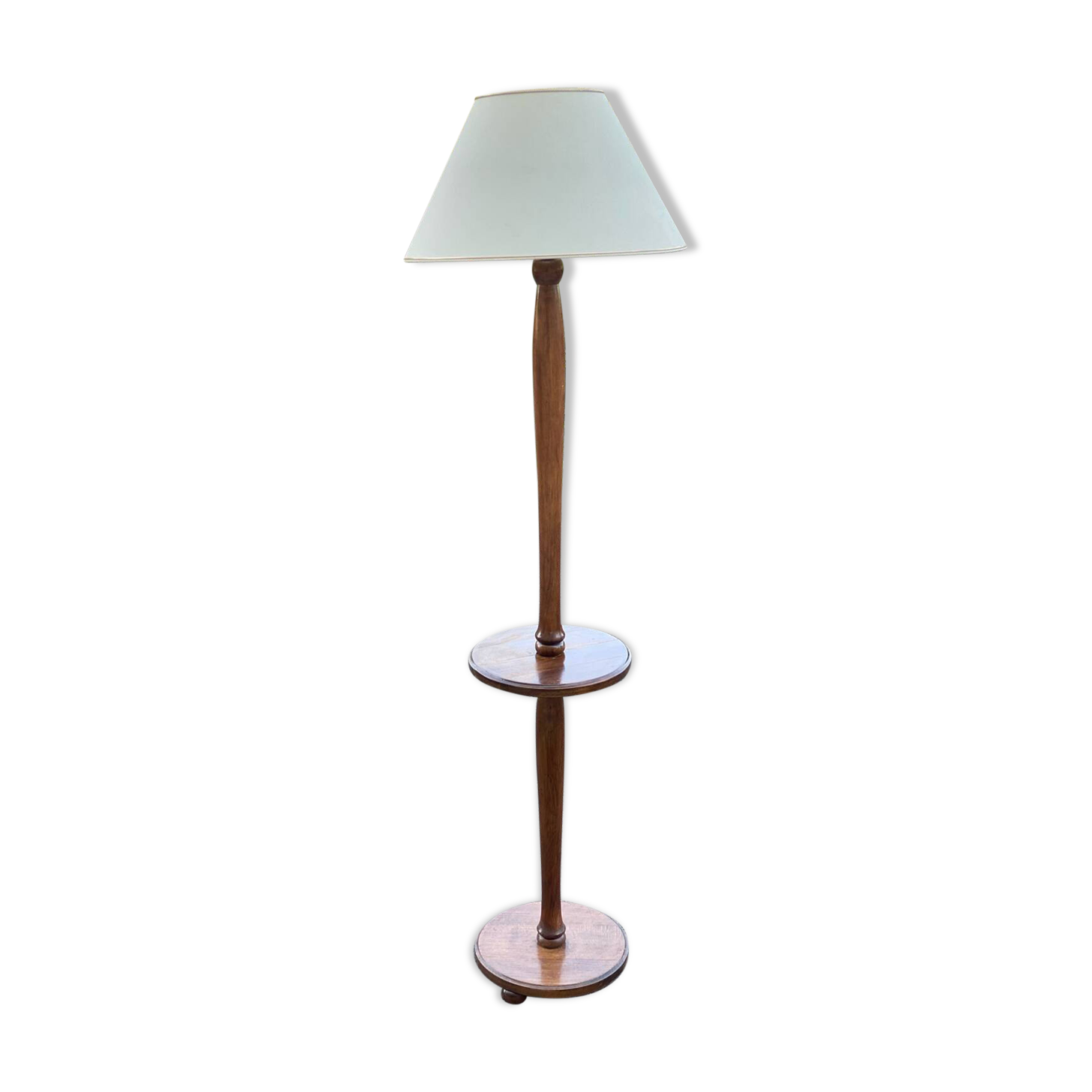 Vintage round wooden floor lamp with beige lampshade