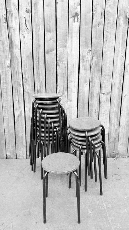 Vintage black wooden and metal stool, 1970s.