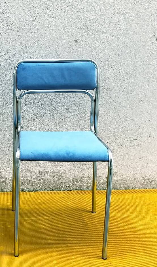 Chrome chair and sky blue velvet, 1970