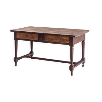 Vintage/antique solid oak farmhouse table with two large drawers. France, 1920s-30s