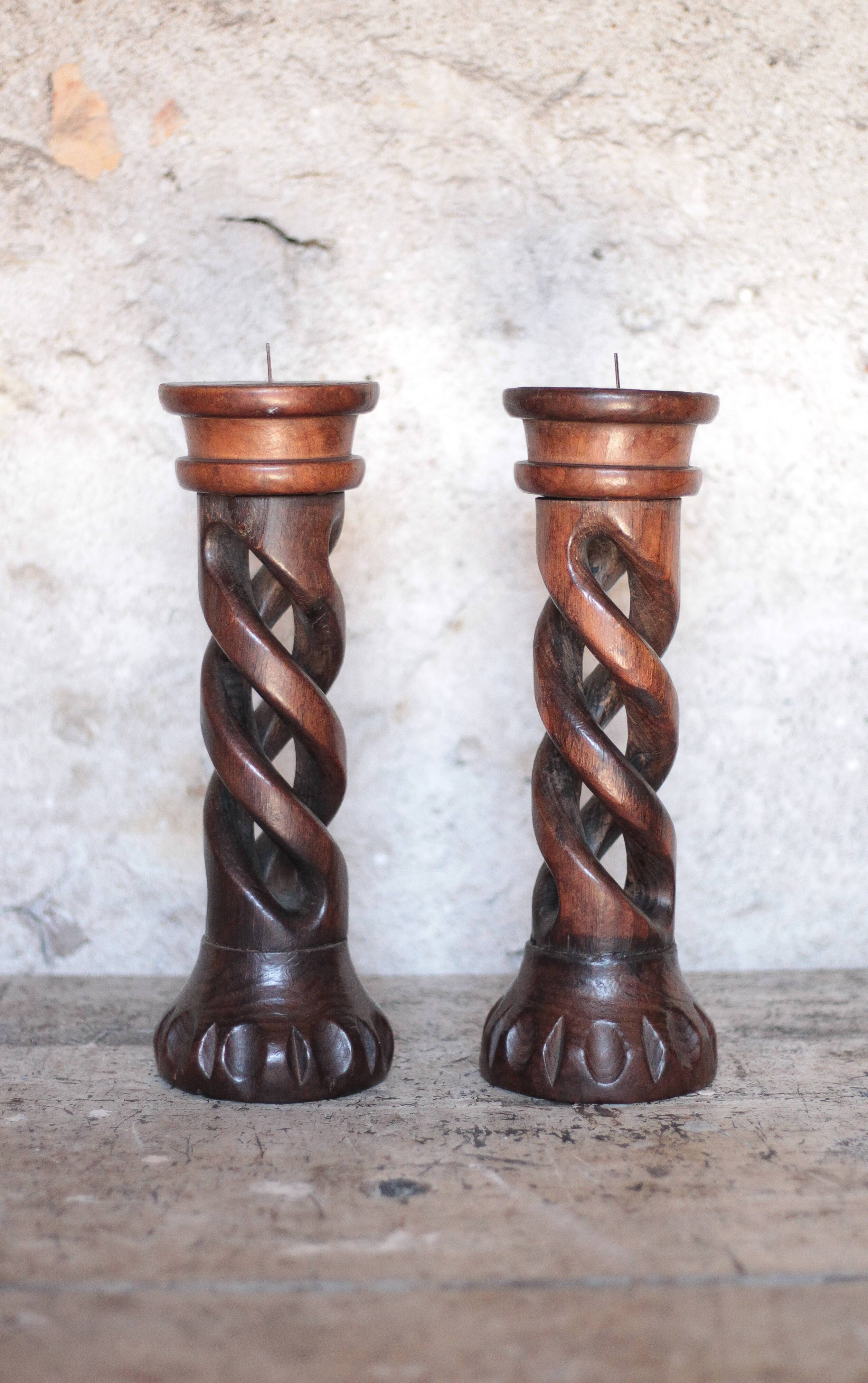 Pair of brutalist wooden candle holders, vintage wooden candle holder, decor