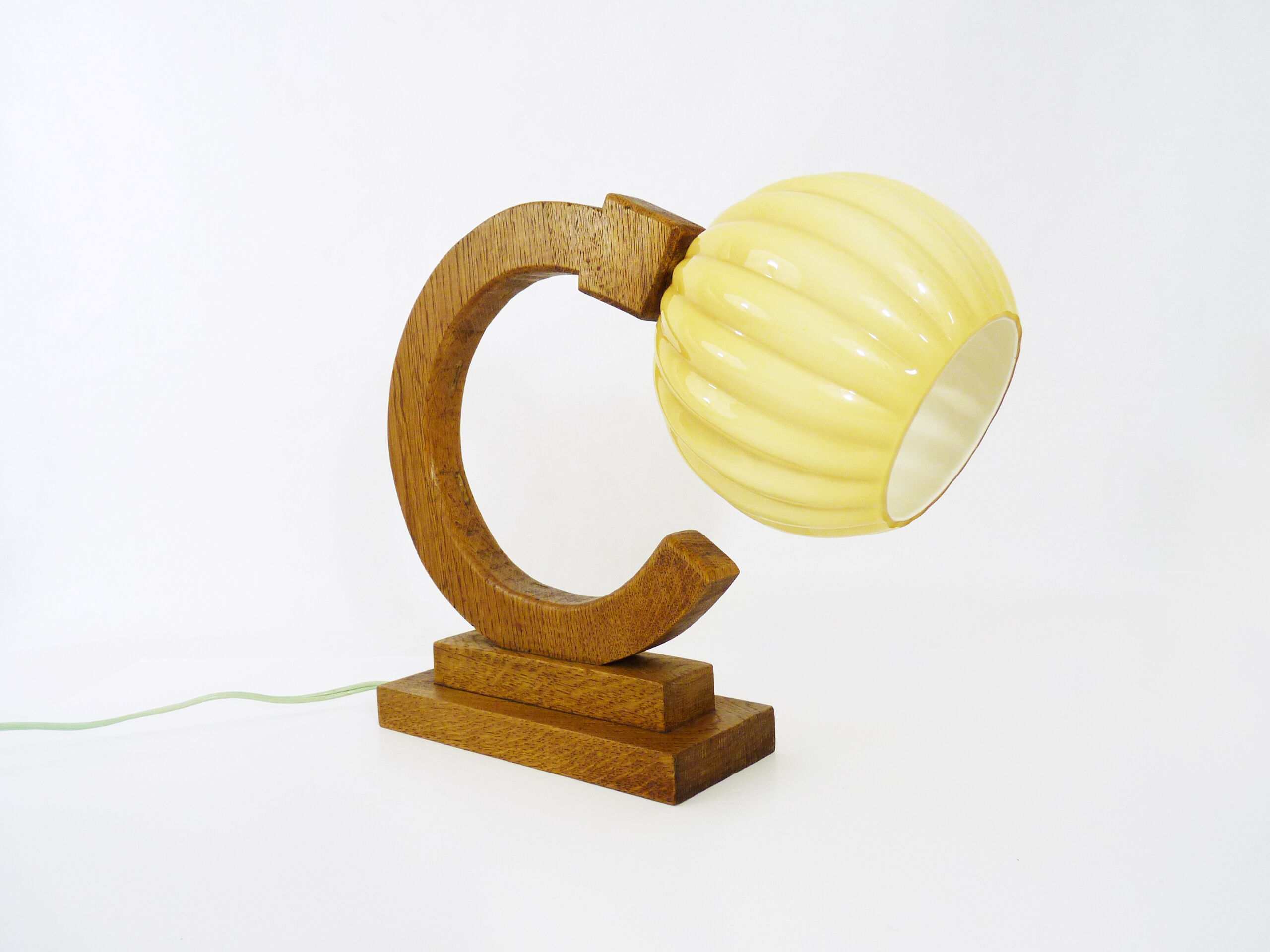 Art deco modernist wooden table lamp globe in yellow glass