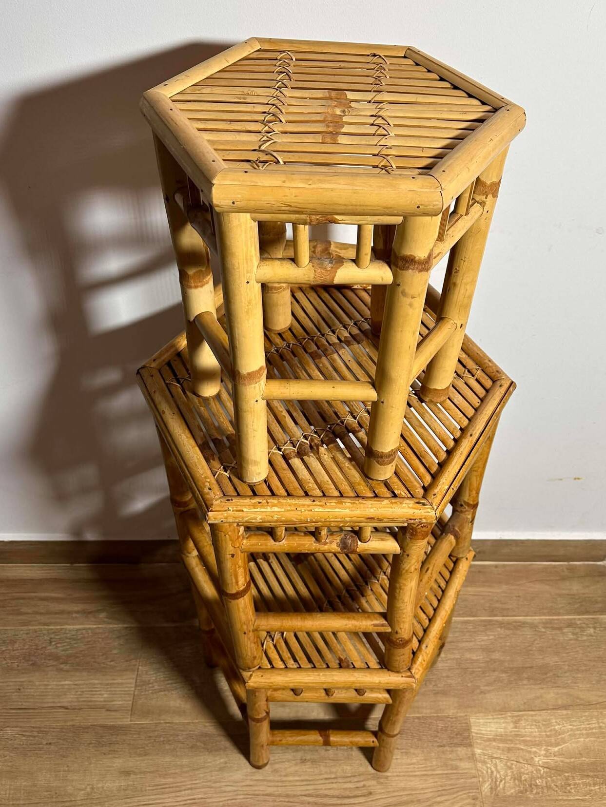 Vintage Boho Mid Century Bamboo Hexagonal Side Coffee Tables Flower Stools