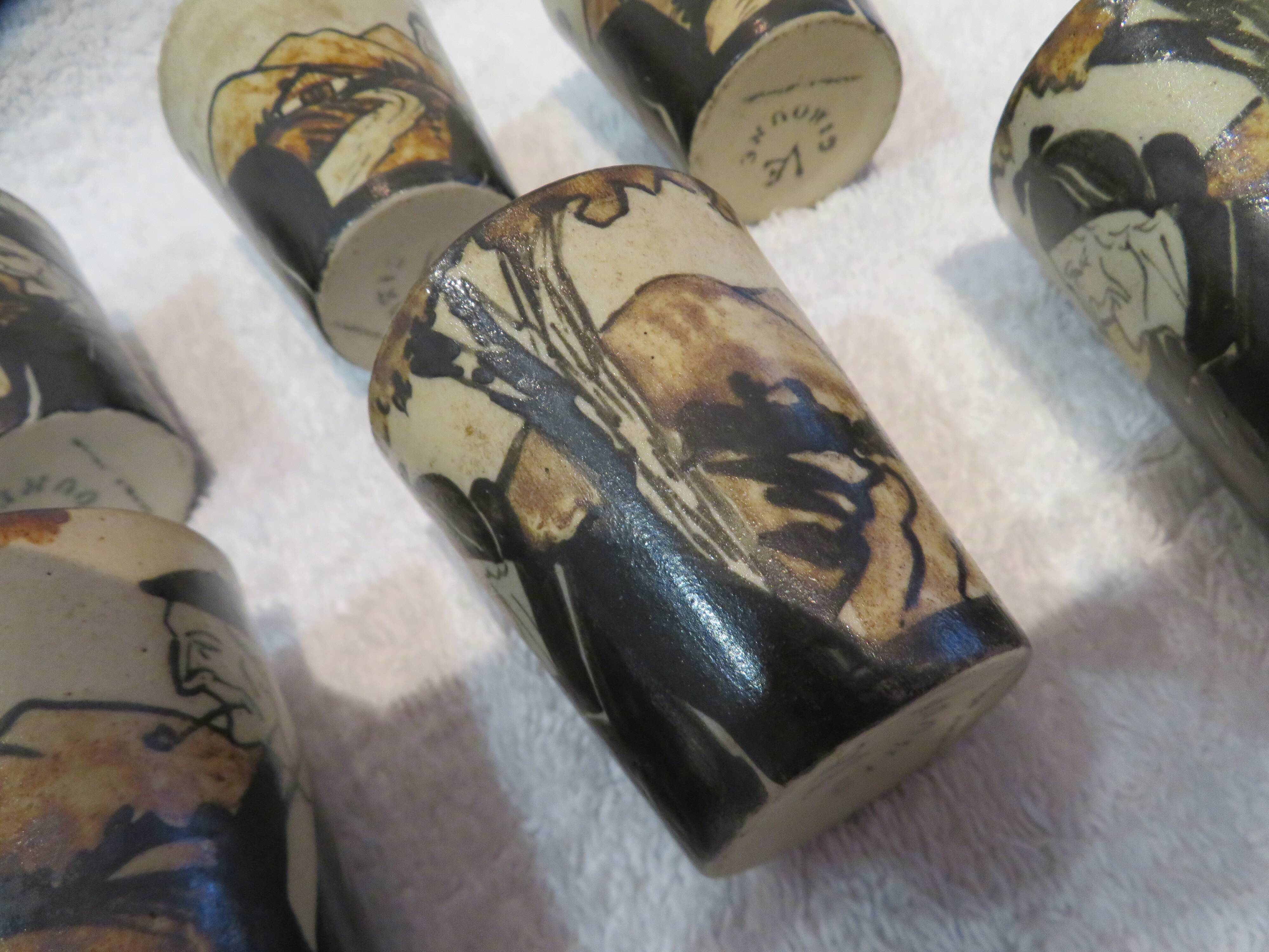 6 Ciboure stoneware liqueur goblets, Vilotte period, 6cl, h 5.8cm