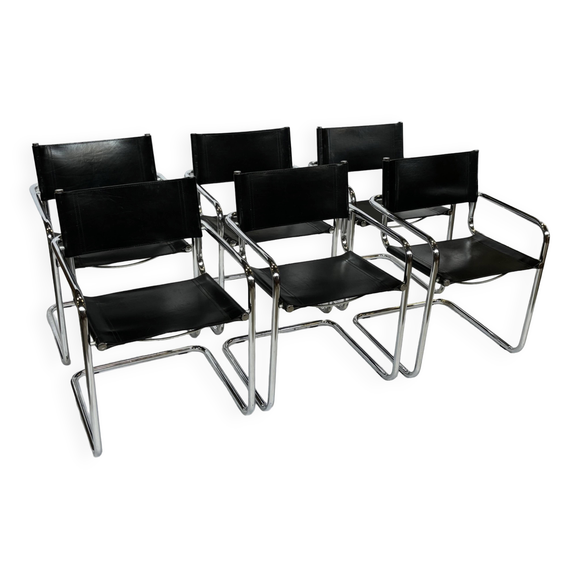 Ensemble vintage de 6 chaises à structure tubulaire Mart Stam design cuir