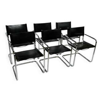 Vintage set of 6 Mart Stam tubular frame chairs in leather design