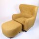 Armchair with ottoman - Over-upholstered - Patterned yellow fabric - Black legs - Danish design - 1940s style