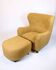 Armchair with ottoman - Over-upholstered - Patterned yellow fabric - Black legs - Danish design - 1940s style