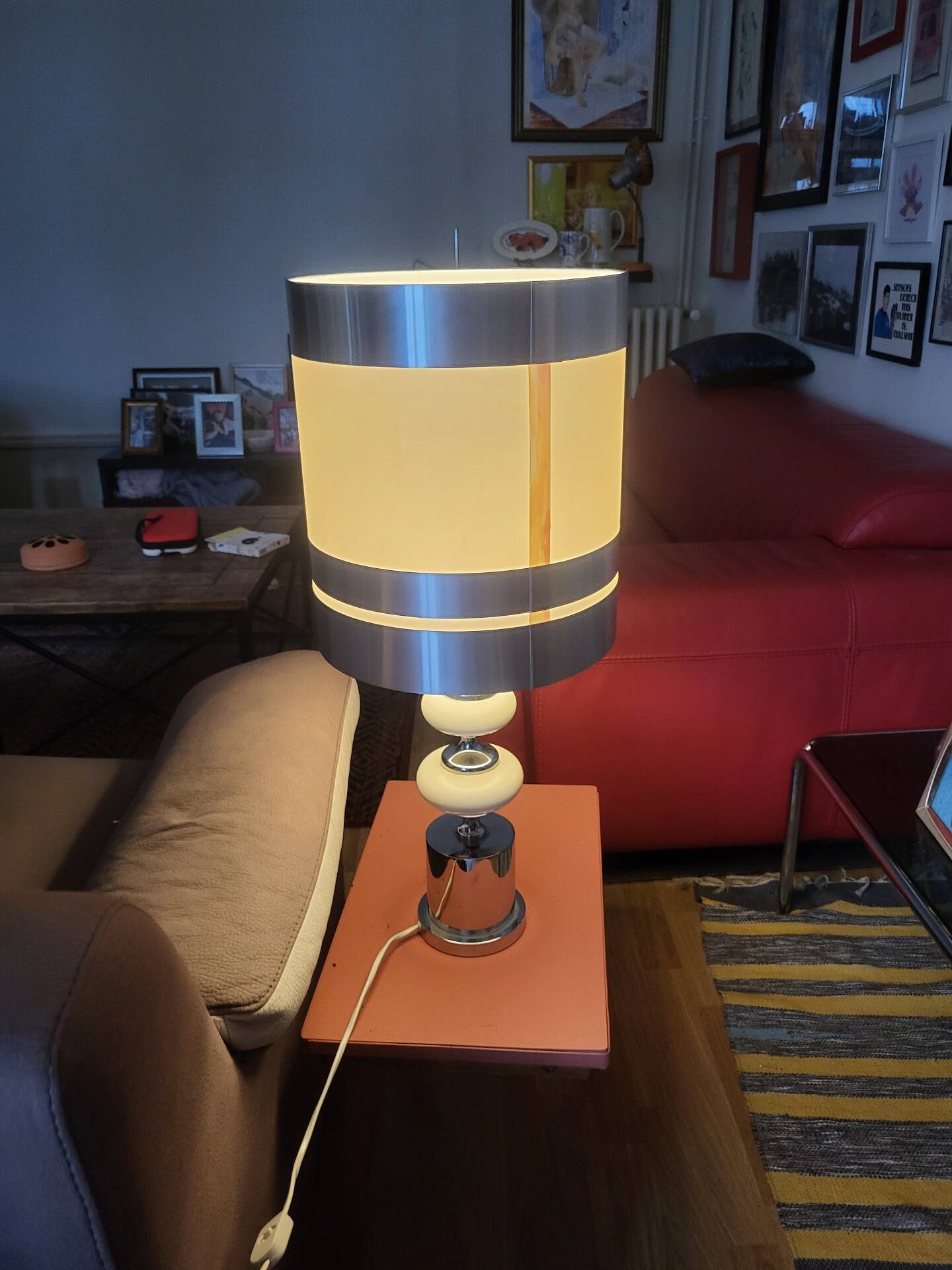 Large Vintage 1970 Space Age Chrome & Wood Lamp