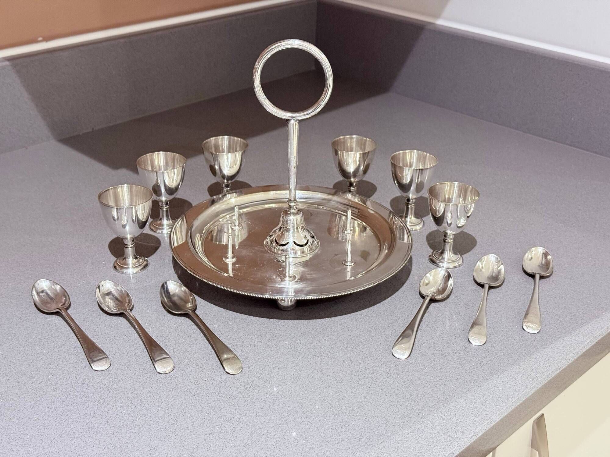 Antique Silver Egg Coddler Stand Holder Set Of 6 Egg Holder With 6 Silver Spoons