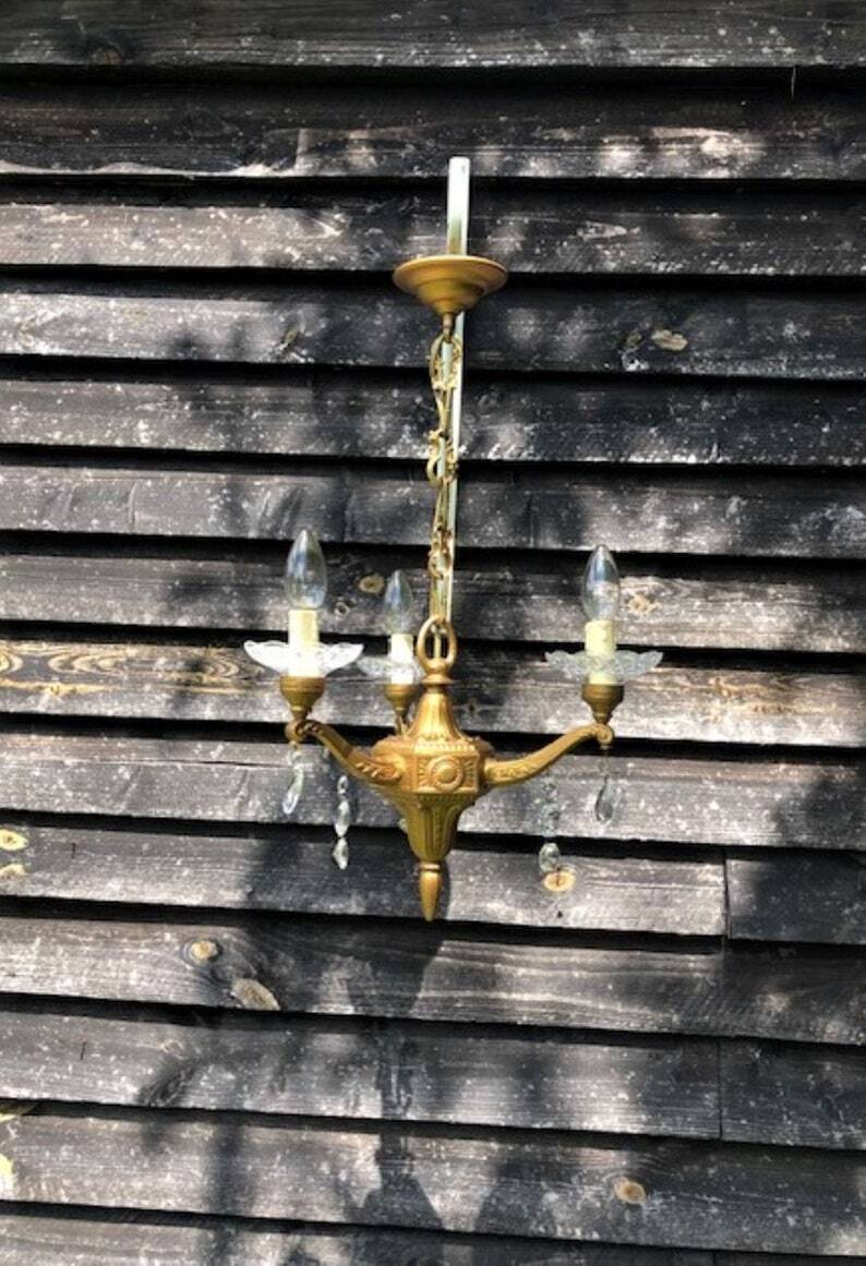 Gilt French Chandelier: Neo Classical 3-Branch Crystal Pendant Light