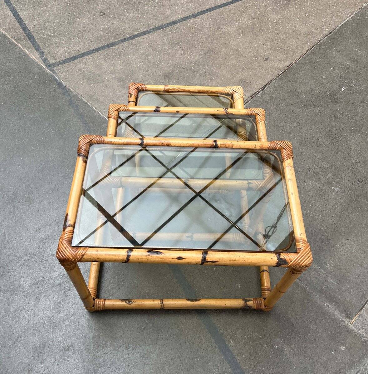 Nest of bamboo and glass tables in mid-century style, 1960s, set of 3.