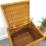 Wicker basket with lid with bear, vintage toy basket