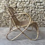Ensemble table basse et fauteuils en roseau - années 50