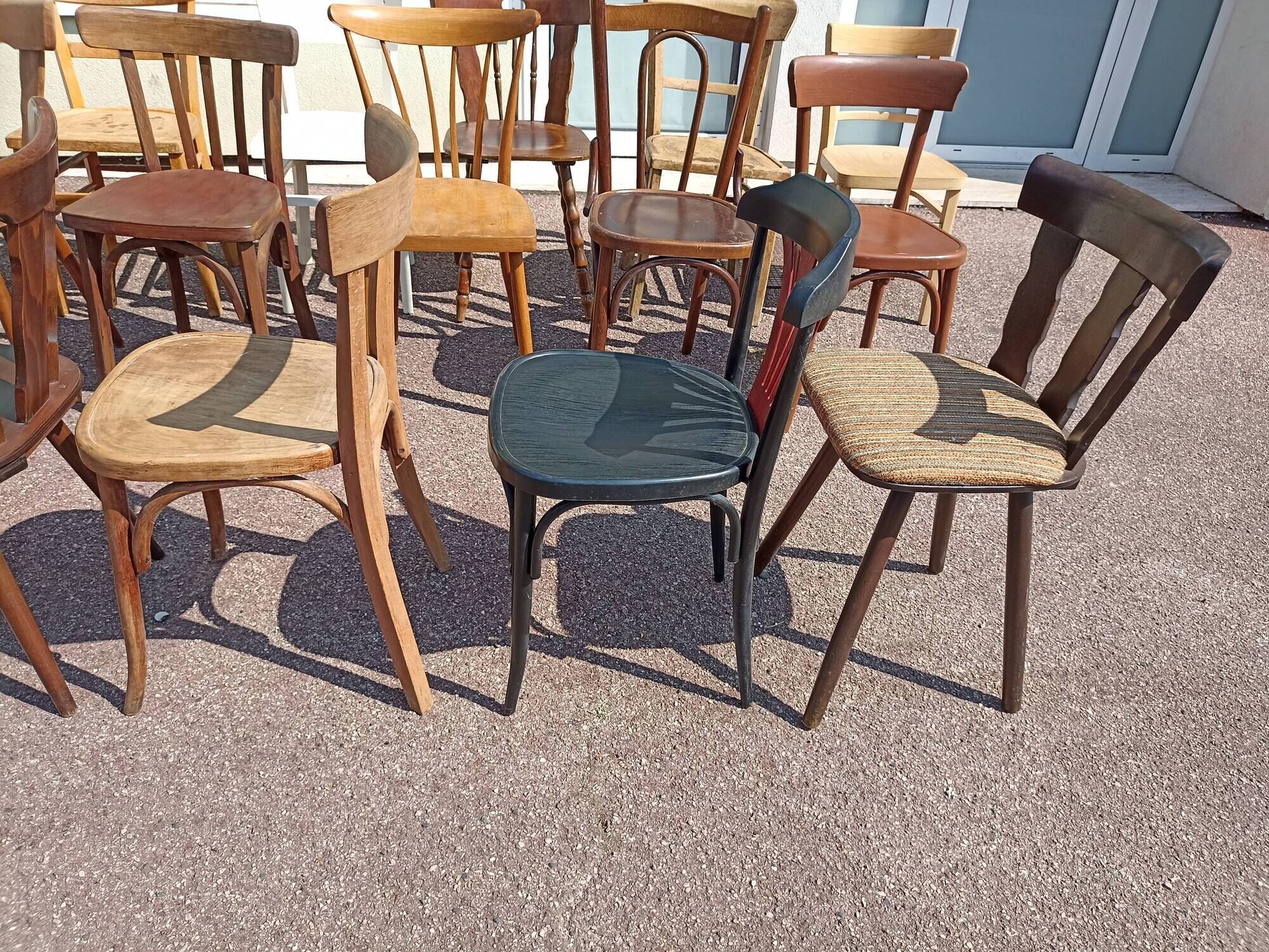 Set of 18 mismatched wooden bistro chairs - vintage