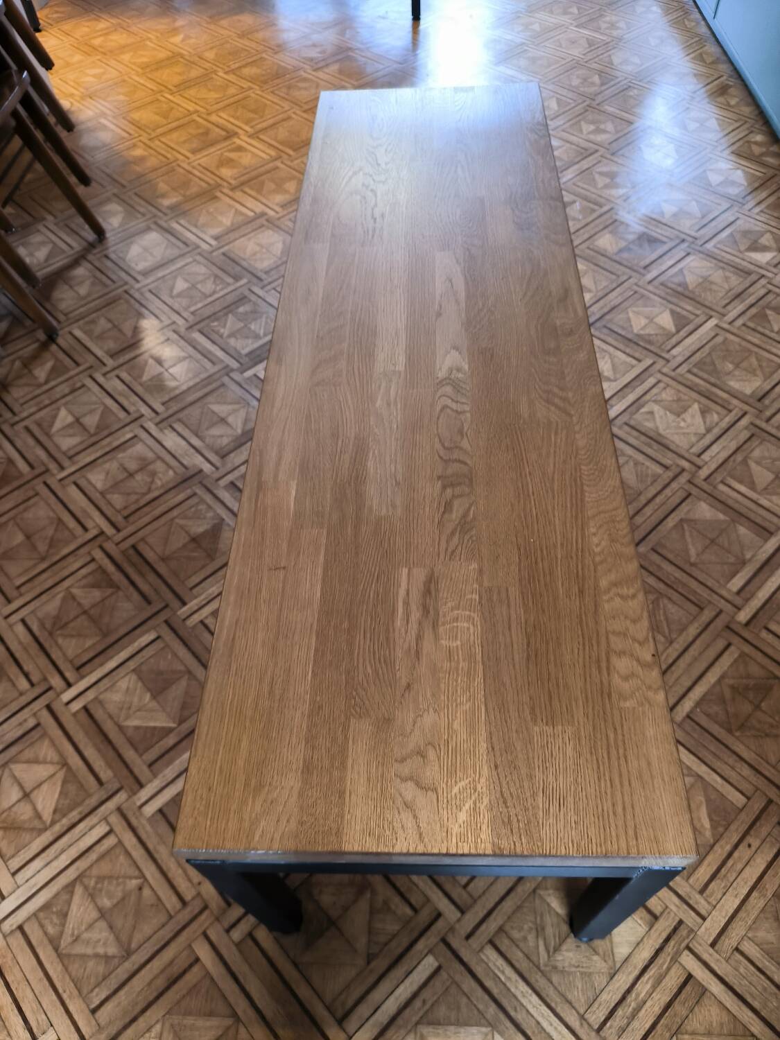 Large oak and steel bench