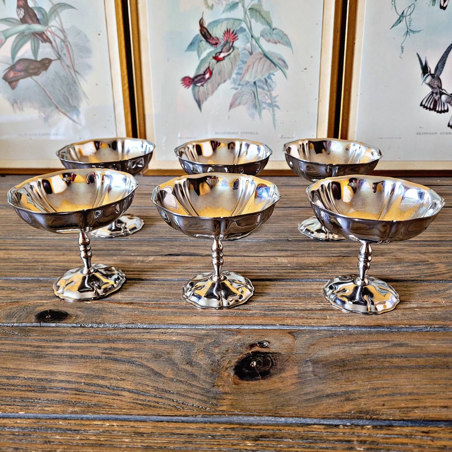 6 vintage stainless steel ice cream cups, flower shape