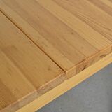 Table and two benches set in solid elm, France, circa 1980