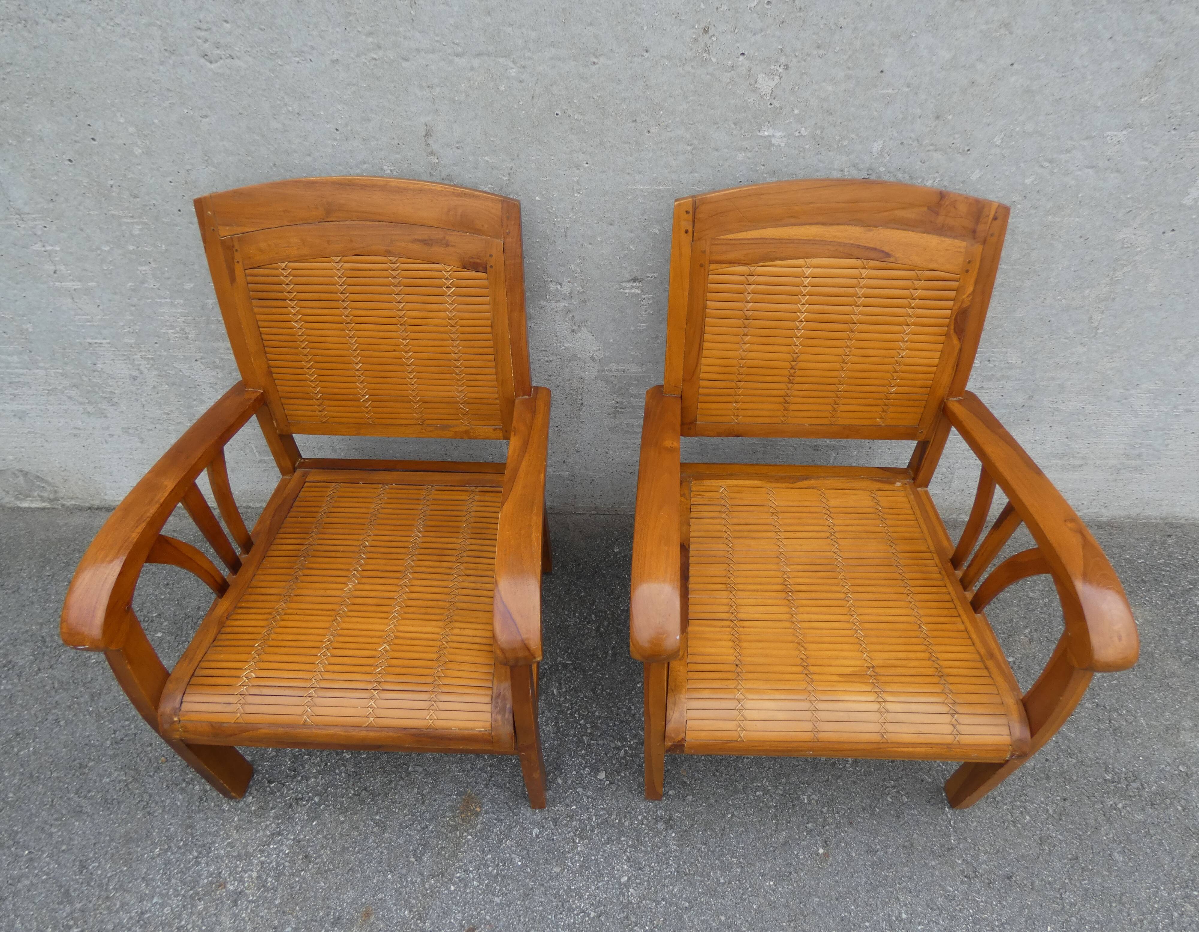2 colonial bamboo and teak armchairs
