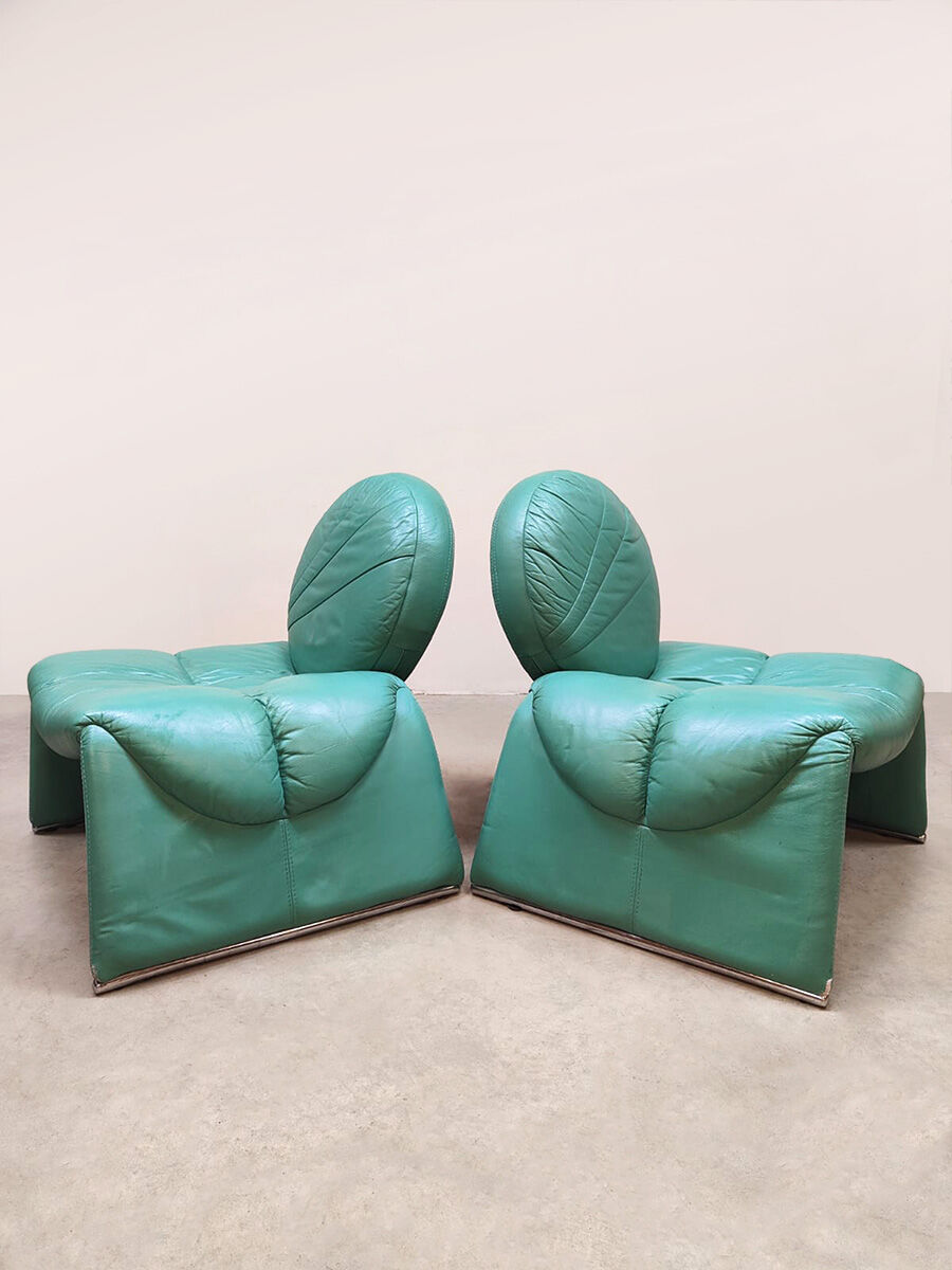 Vintage Italian design Calypso lounge chairs turquoise Vittorio Introine Saporiti