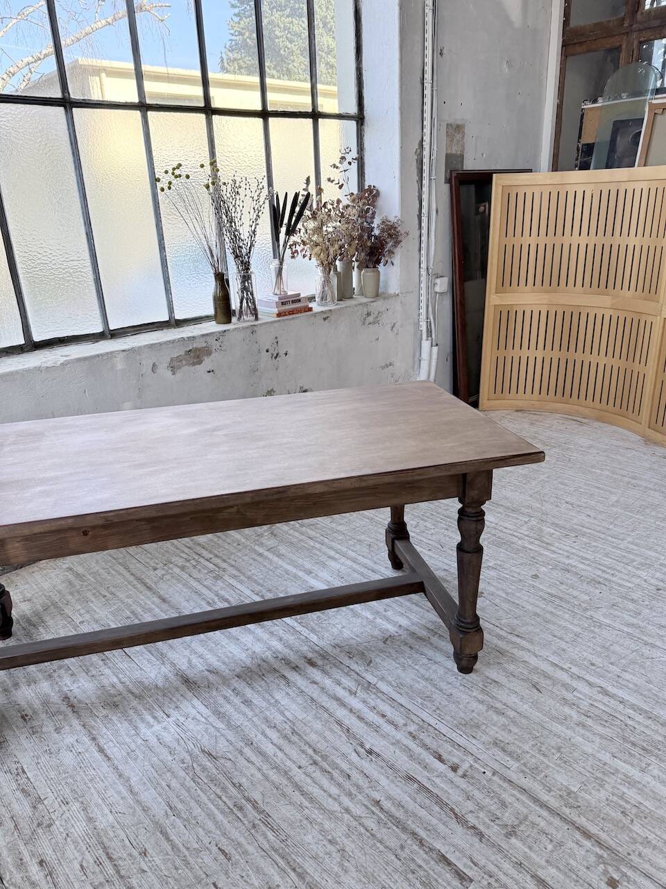 Farm table with turned legs, made of pine and birch, 180cm.