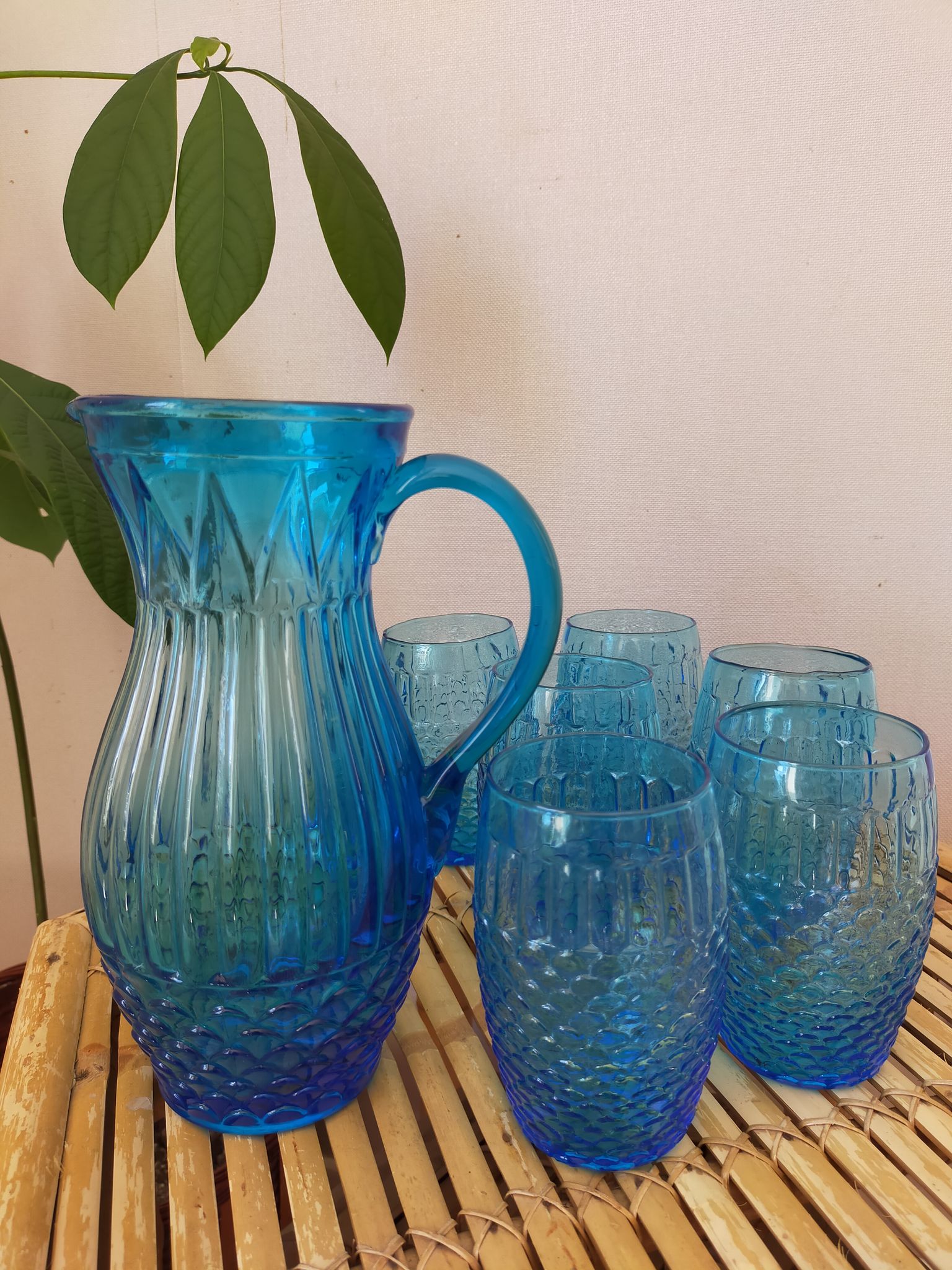 Vintage Art Deco blue molded glass orangeade set, pitcher and 6 glasses