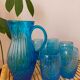 Vintage Art Deco blue molded glass orangeade set, pitcher and 6 glasses