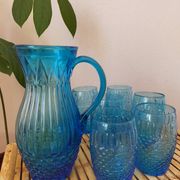 Vintage Art Deco blue molded glass orangeade set, pitcher and 6 glasses