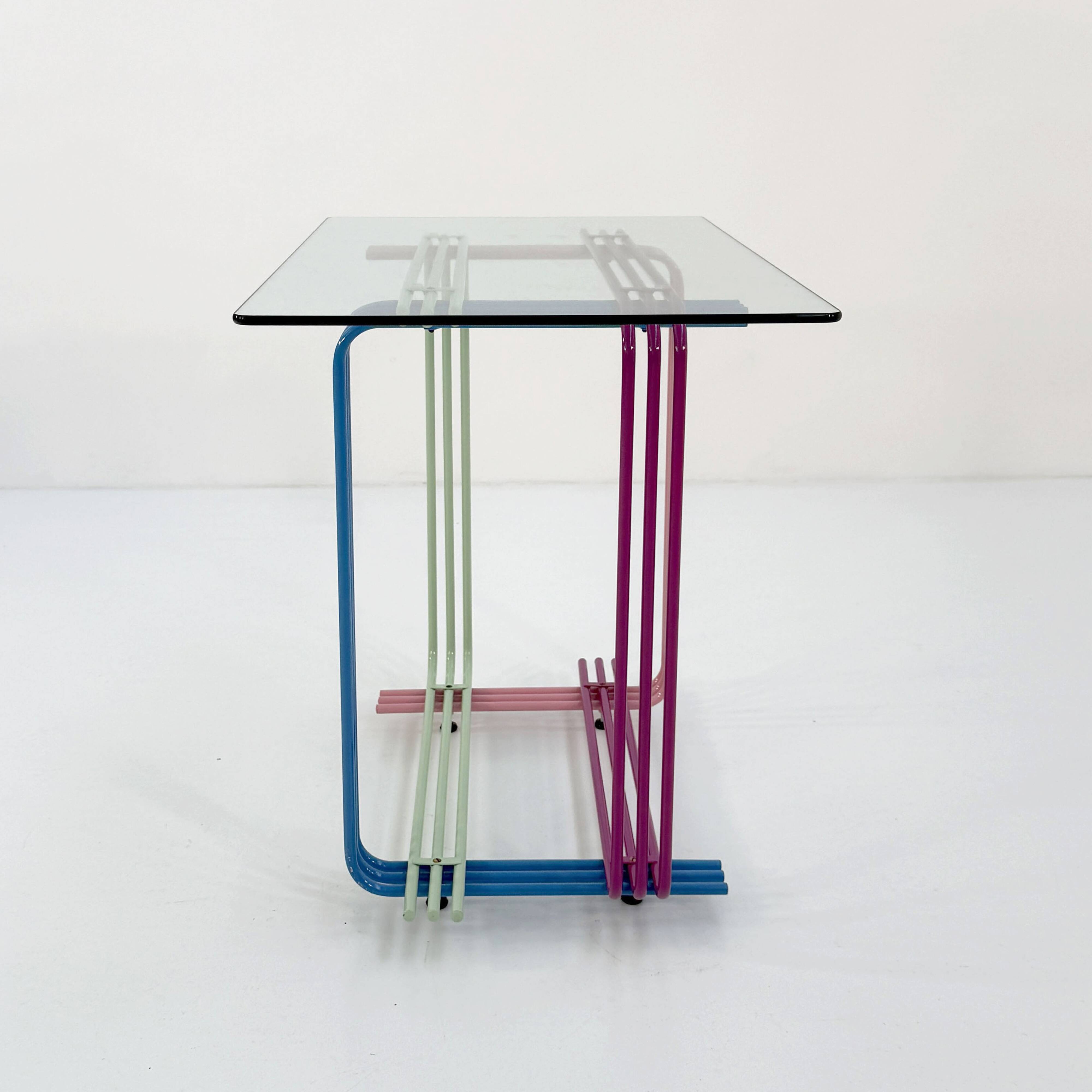 Multicolored metal and glass console, 1980