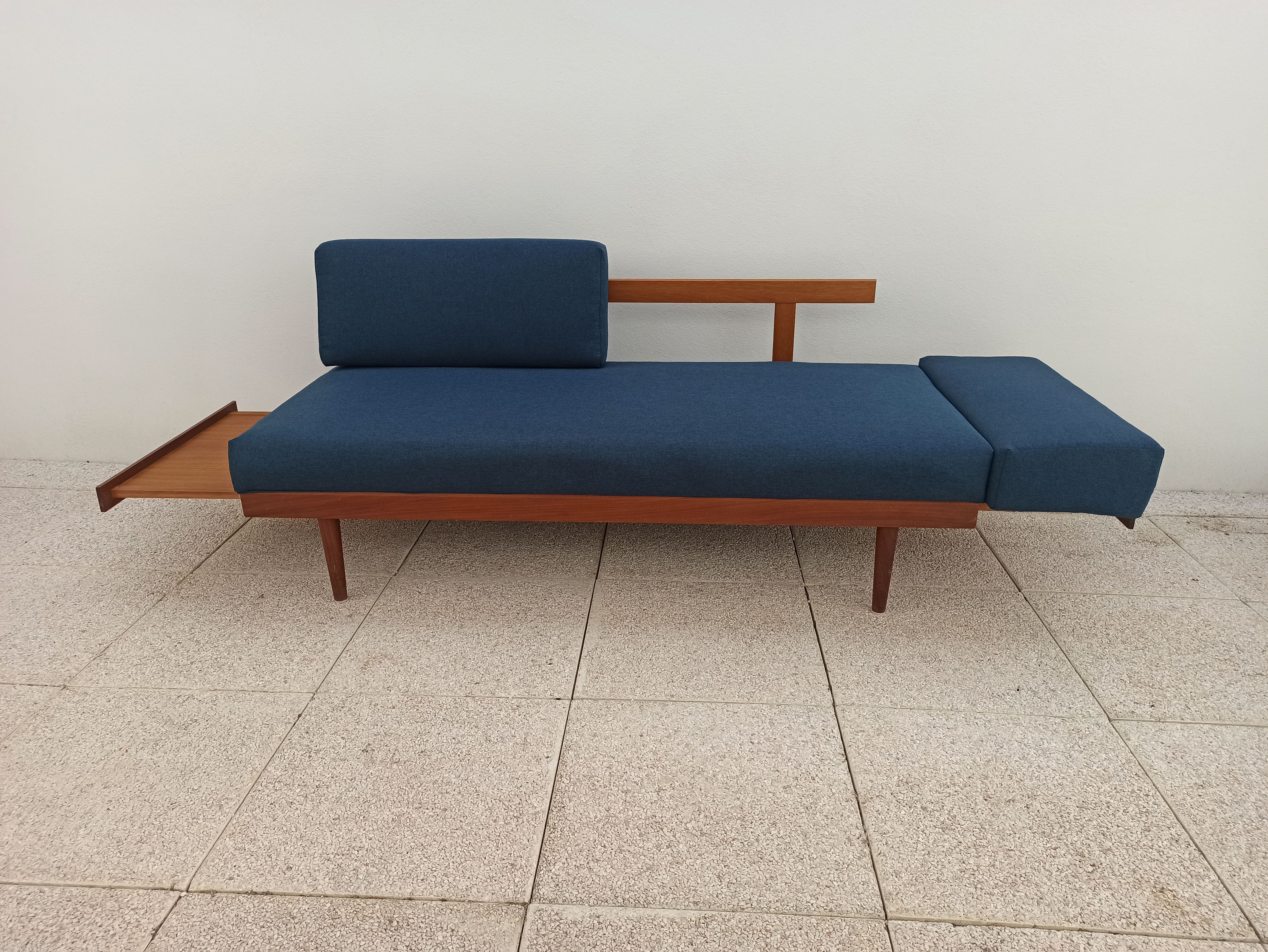 Vintage Norwegian Daybed sofa in teak and petrol blue fabric by Ingmar Relling for