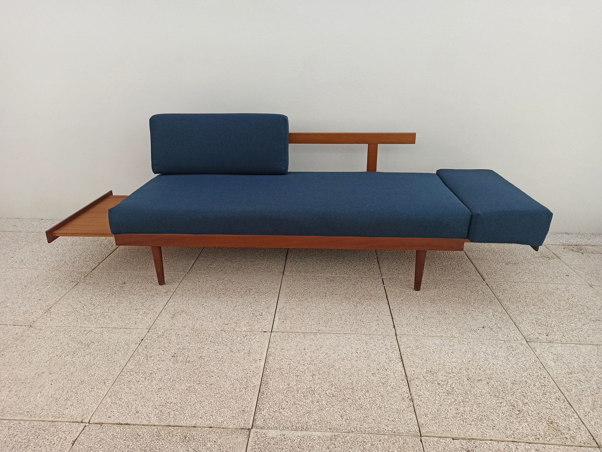 Vintage Norwegian Daybed sofa in teak and petrol blue fabric by Ingmar Relling for