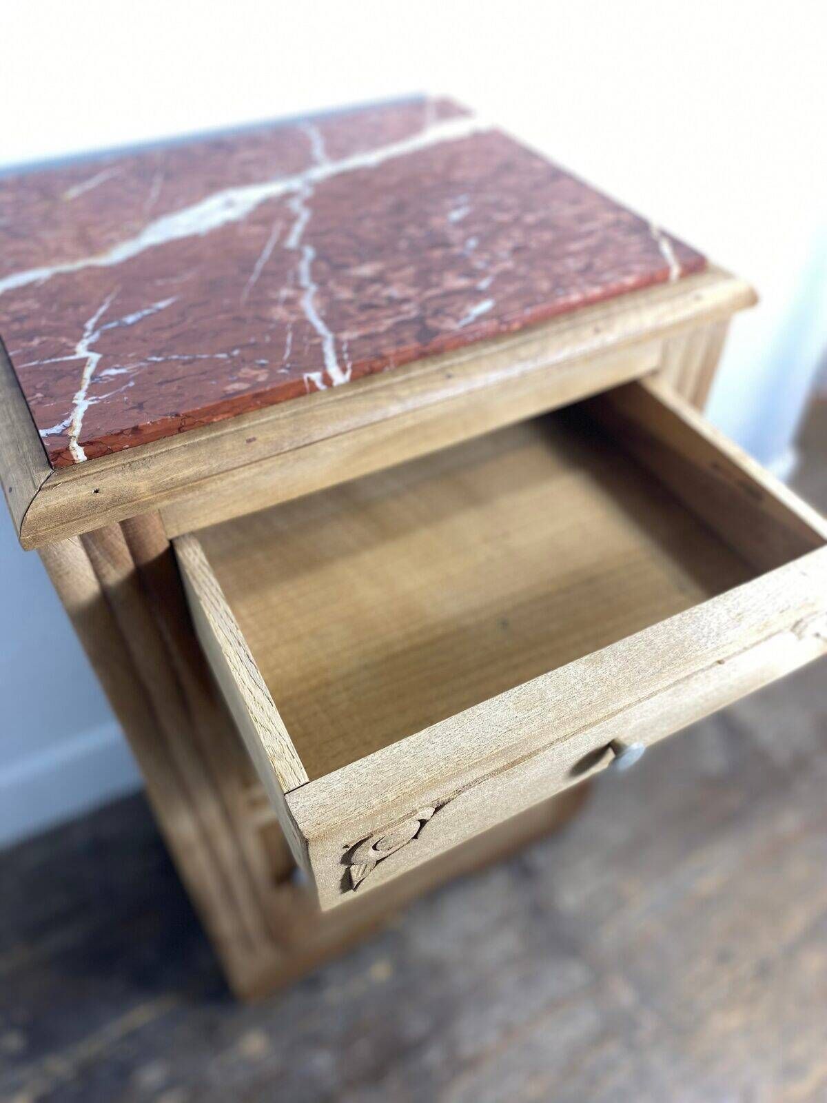 Provincial antique bedside table in walnut, with a red marble top.