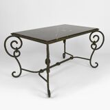 Coffee table in patinated wrought iron and black marble, circa 1940