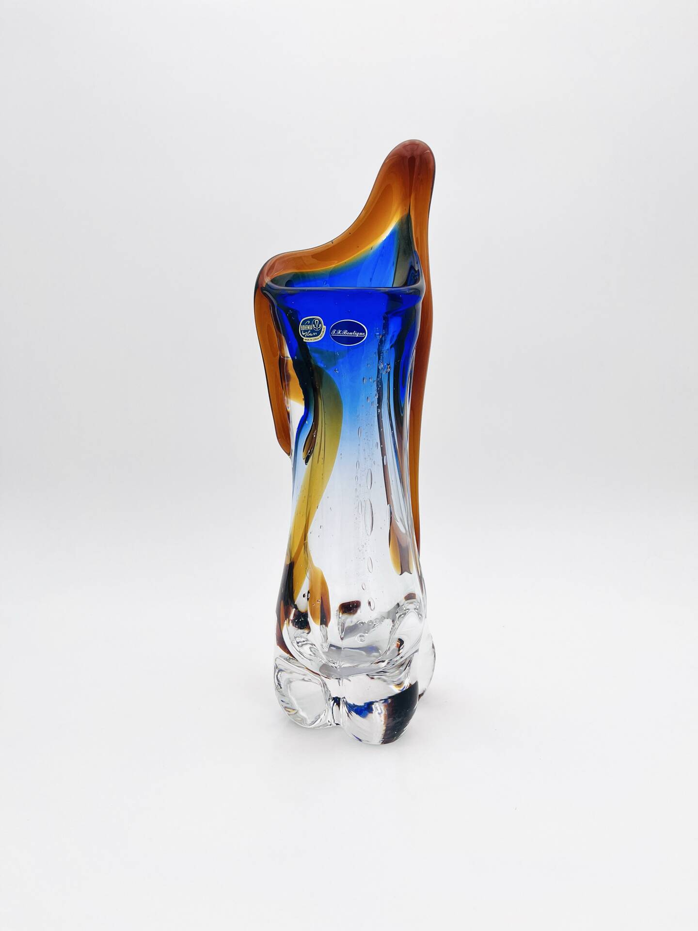 Large stretched glass sculpture vase from Bohemia – Cobalt blue, Amber