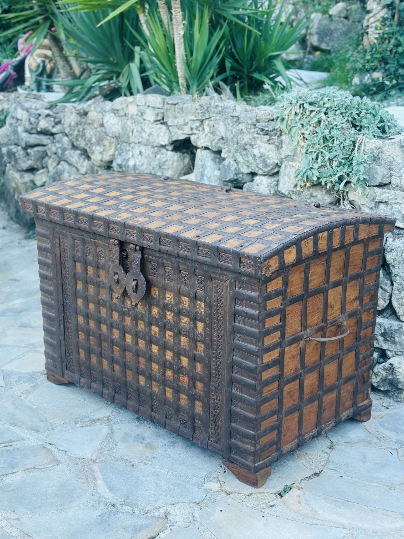 Imposing Indian Chest in Exotic Wood and Wrought Iron