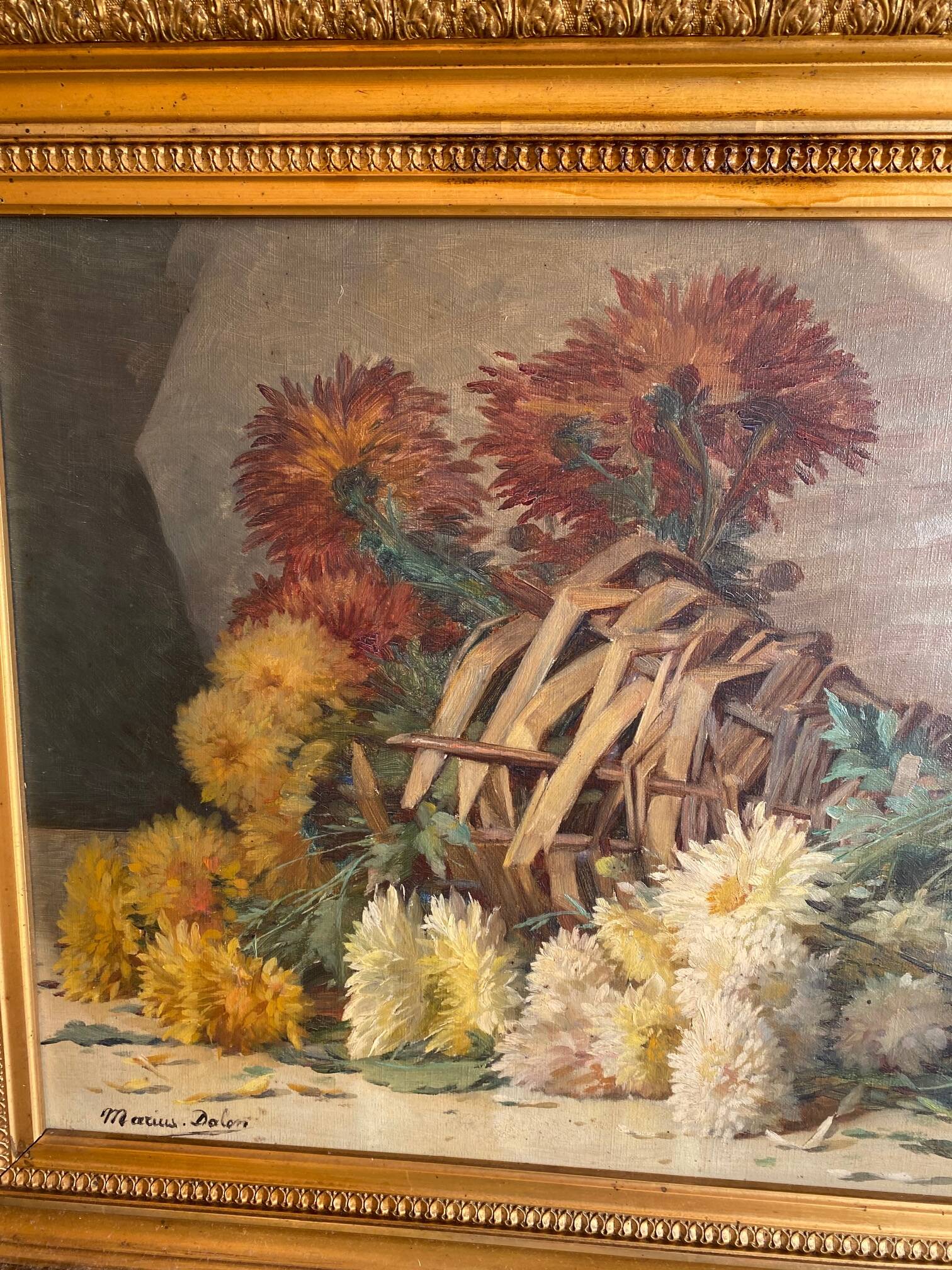 STILL LIFE BOUQUET OF DAHLIAS OIL PAINTING SIGNED MARIUS DALON EARLY 20TH CENTURY