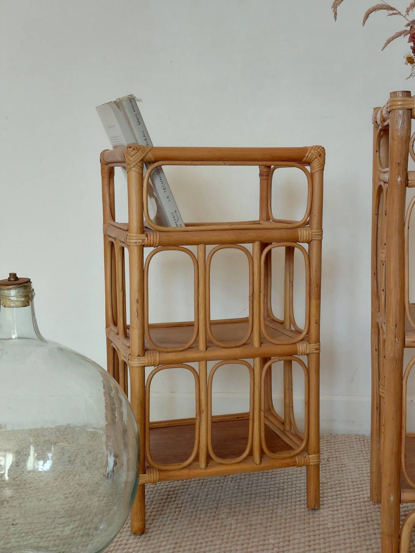 Pair of bedside tables/vintage bamboo and rattan accent furniture - 1970s