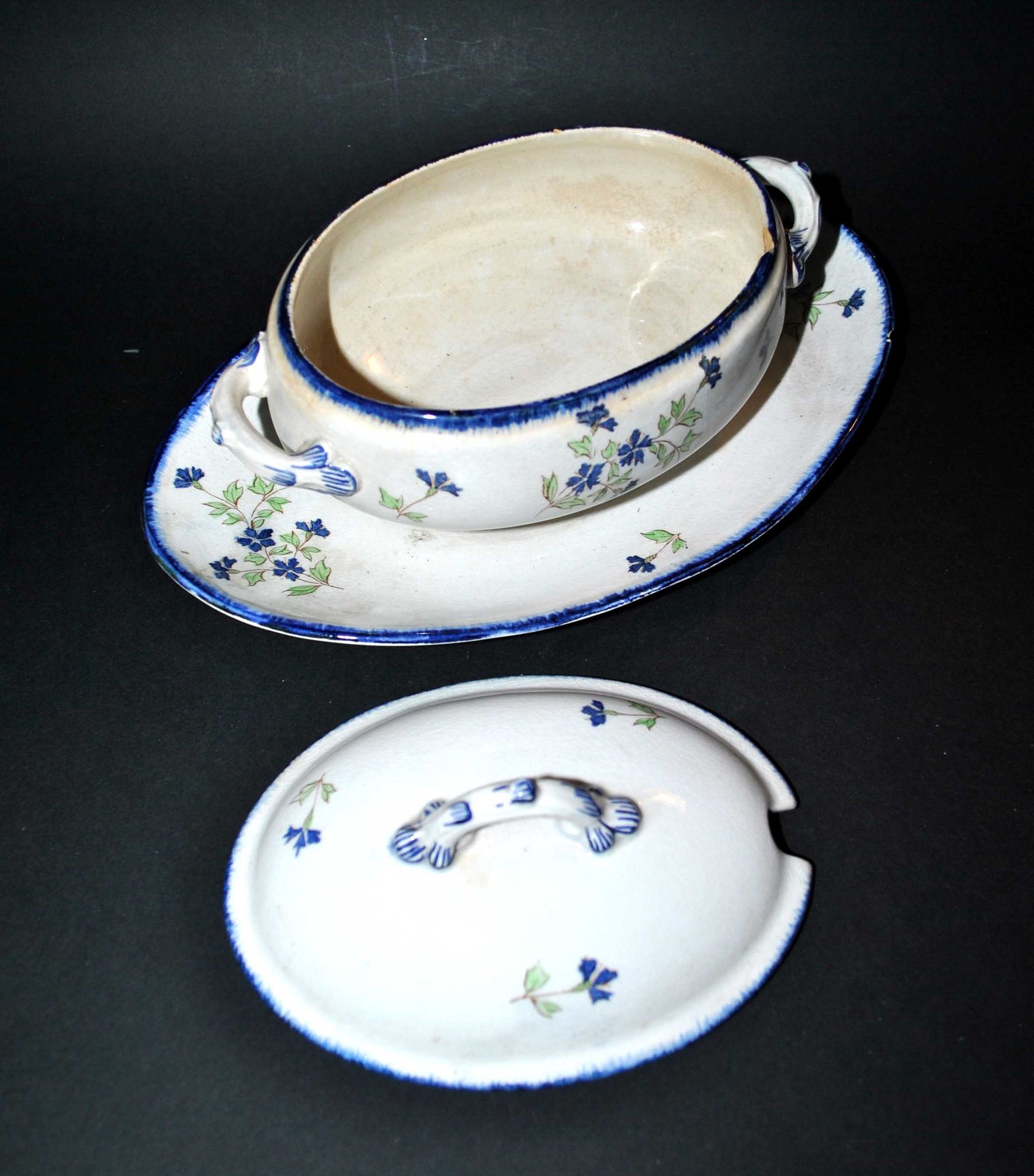 Oval sugar bowl in creil terrece montereau model barbeau blueberry 19th century