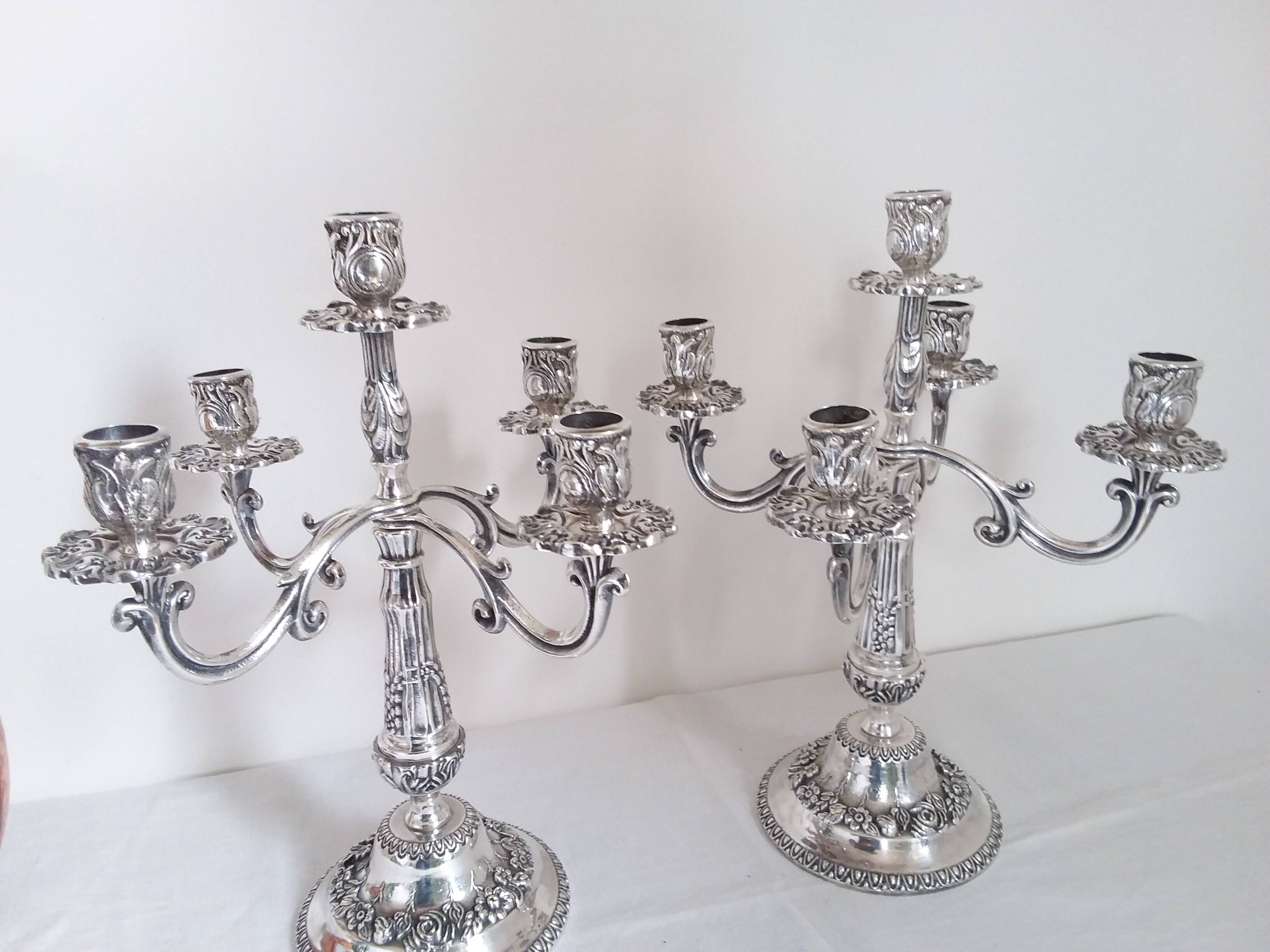 Pair of silver-plated bronze candelabra with 5 light arms.